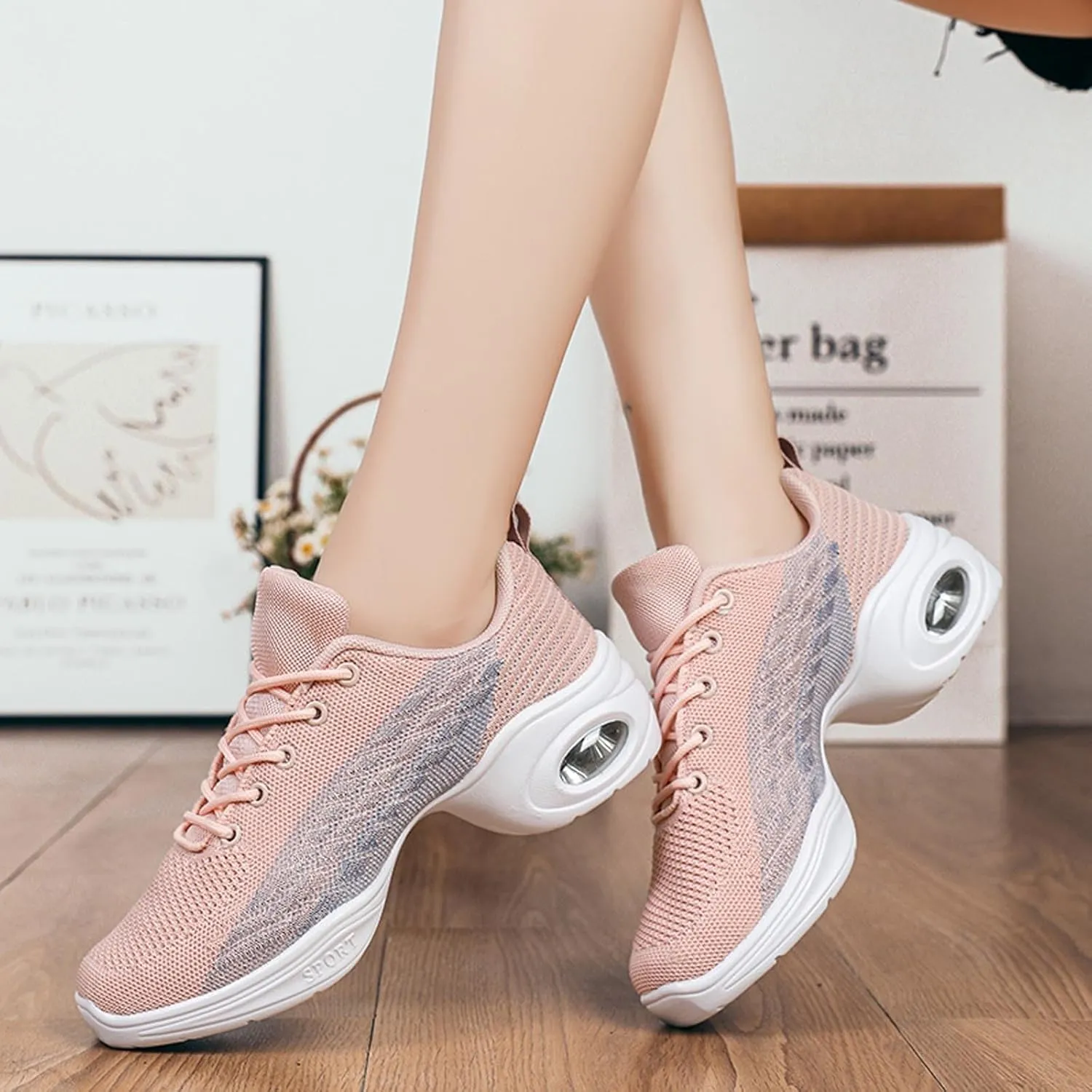 Womens Jazz Sneakers Lace-up Walking Shoes Split Sole Dance Shoes with Air Cushion Breathable Mesh Platform Shoes