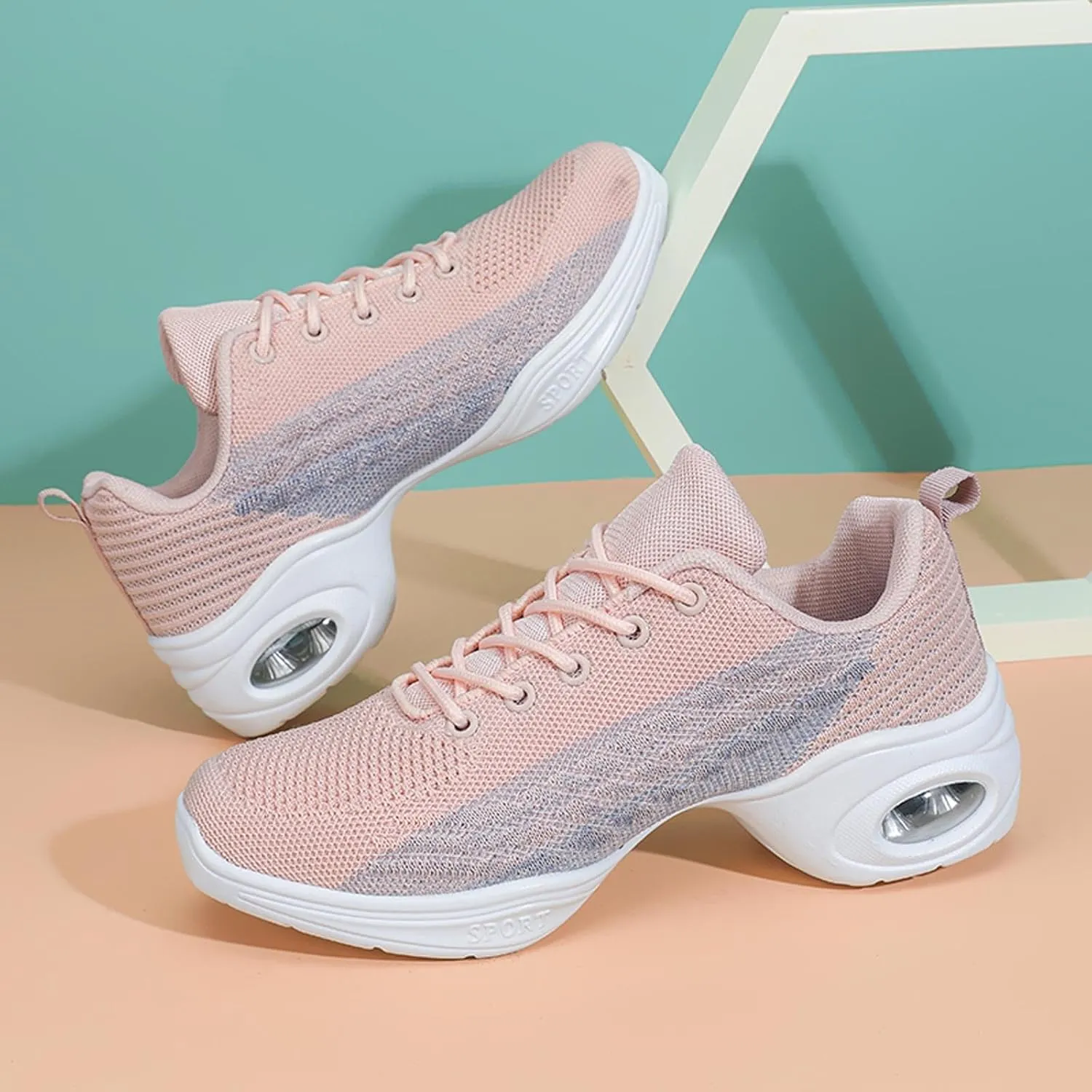 Womens Jazz Sneakers Lace-up Walking Shoes Split Sole Dance Shoes with Air Cushion Breathable Mesh Platform Shoes