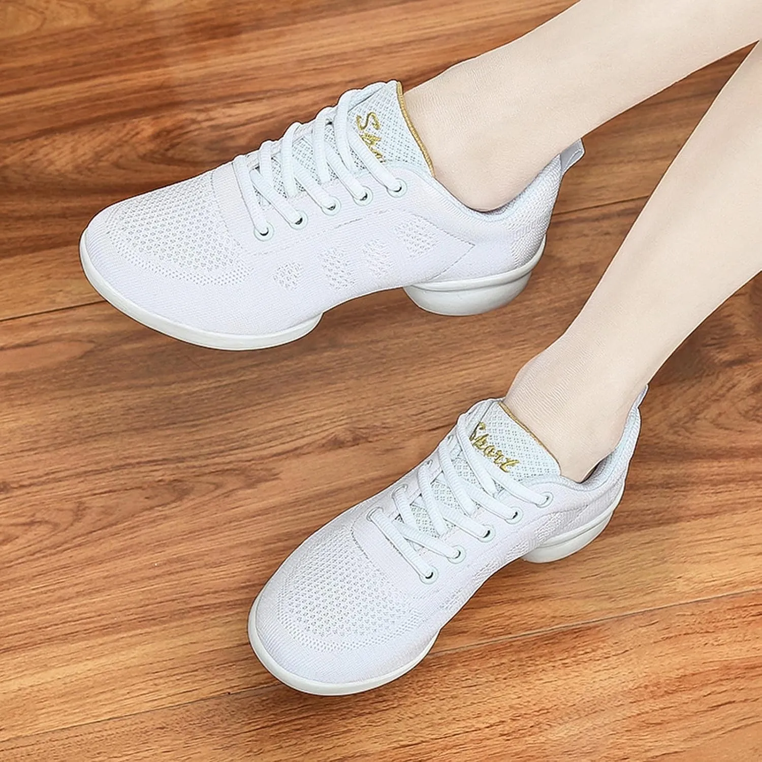 Womens Jazz Sneakers Lace-up Walking Shoes Split Sole Dance Shoes with Air Cushion Breathable Mesh Platform Shoes