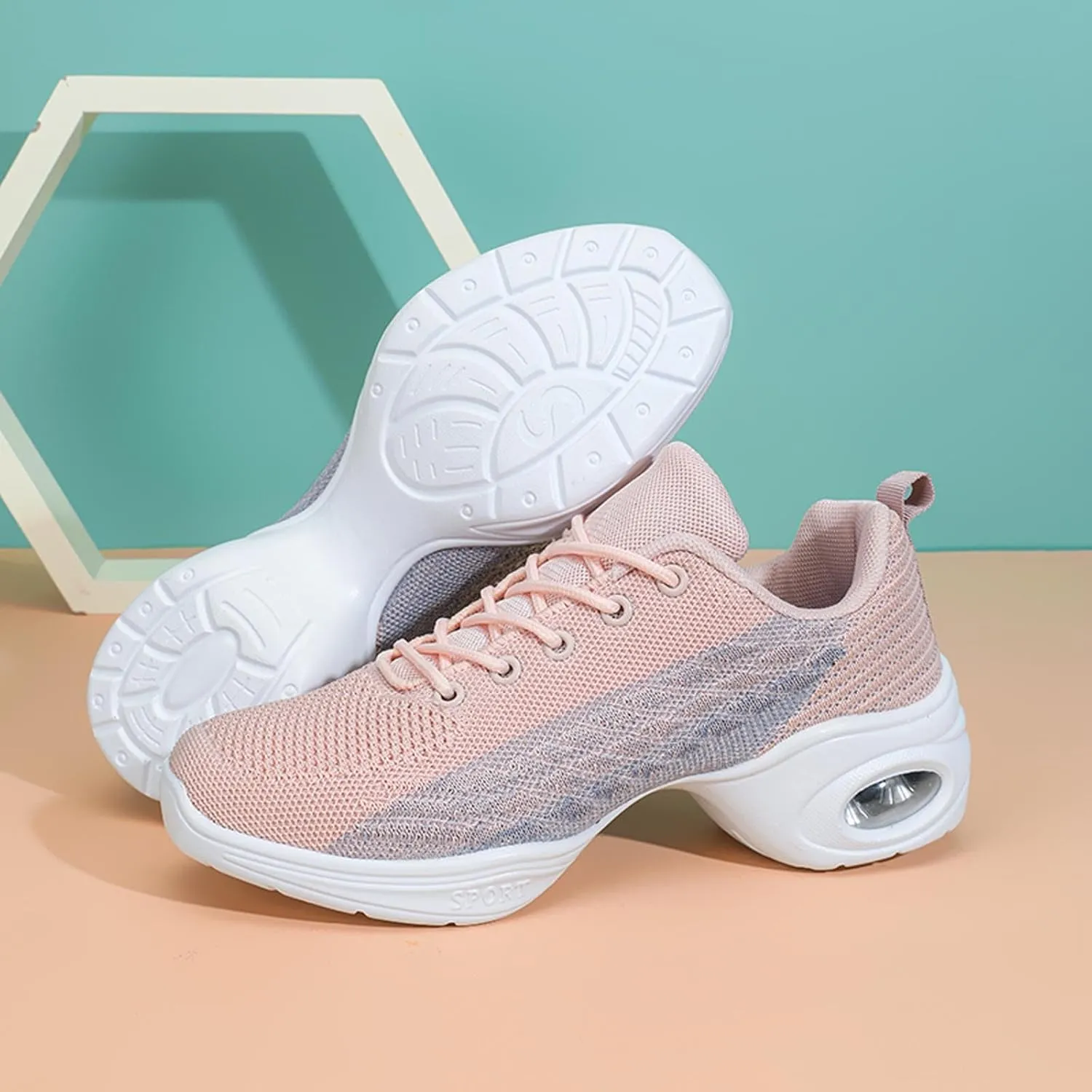 Womens Jazz Sneakers Lace-up Walking Shoes Split Sole Dance Shoes with Air Cushion Breathable Mesh Platform Shoes