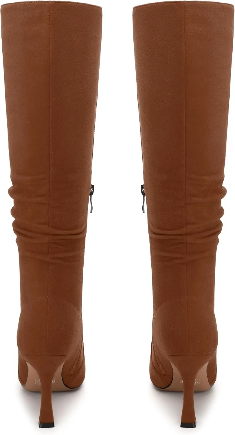 Women's Knee-High Boots, Pointed Toe Stiletto Heel Knee High Boots, Fashion Side Zipper Solid Suede Knee High Boot for Women
