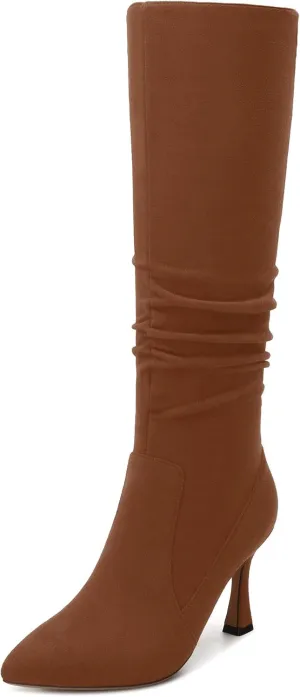 Women's Knee-High Boots, Pointed Toe Stiletto Heel Knee High Boots, Fashion Side Zipper Solid Suede Knee High Boot for Women