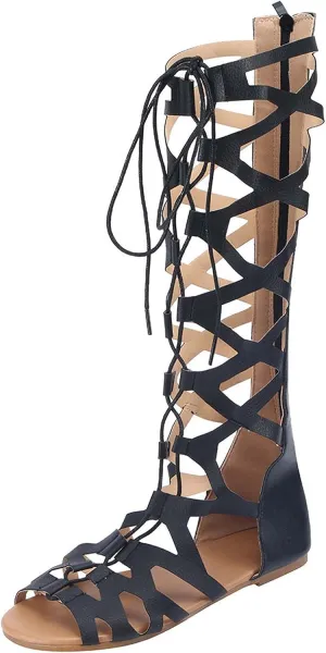 Womens Knee High Caged Gladiator Strappy Flat Sandals Fashion Cross Strap Lace up Back Zipper Open-Toe Flat Sandals Summer Outdoor Casual Shoes