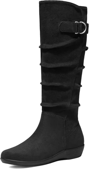 Women's Knee High Slouchy Boots Flat Tall Boots for Women Pull On Fall Boots with Side Zipper
