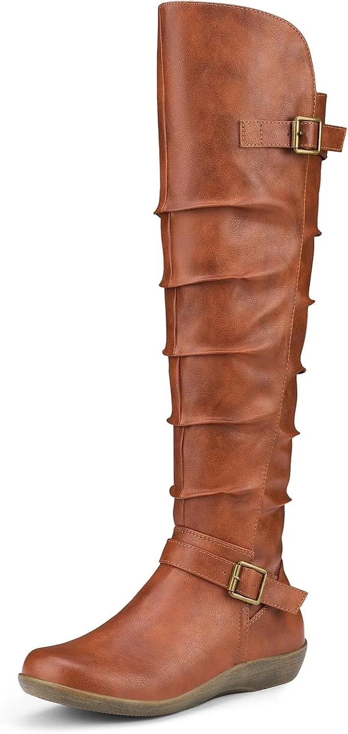 Women's Knee High Slouchy Boots Flat Tall Boots for Women Pull On Fall Boots with Side Zipper