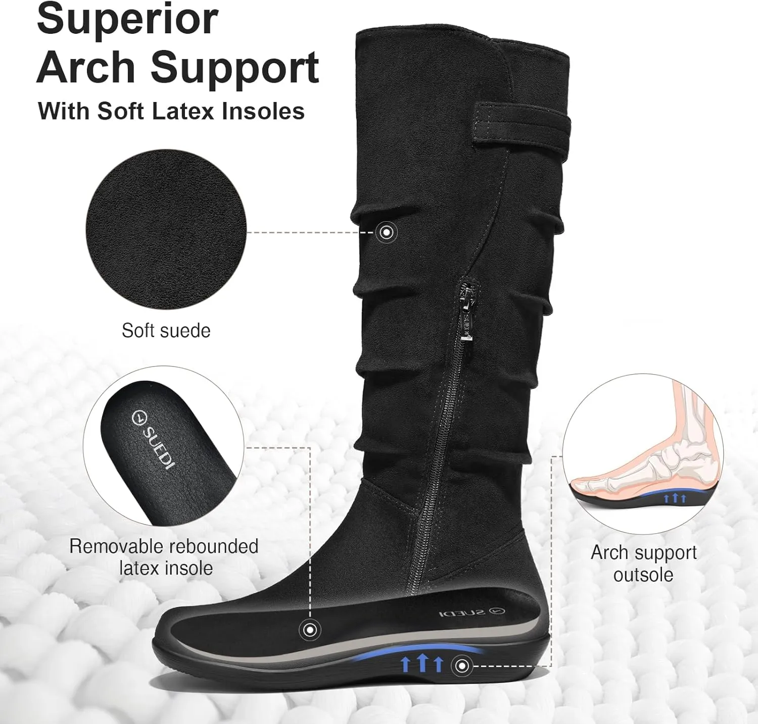 Women's Knee High Slouchy Boots Flat Tall Boots for Women Pull On Fall Boots with Side Zipper