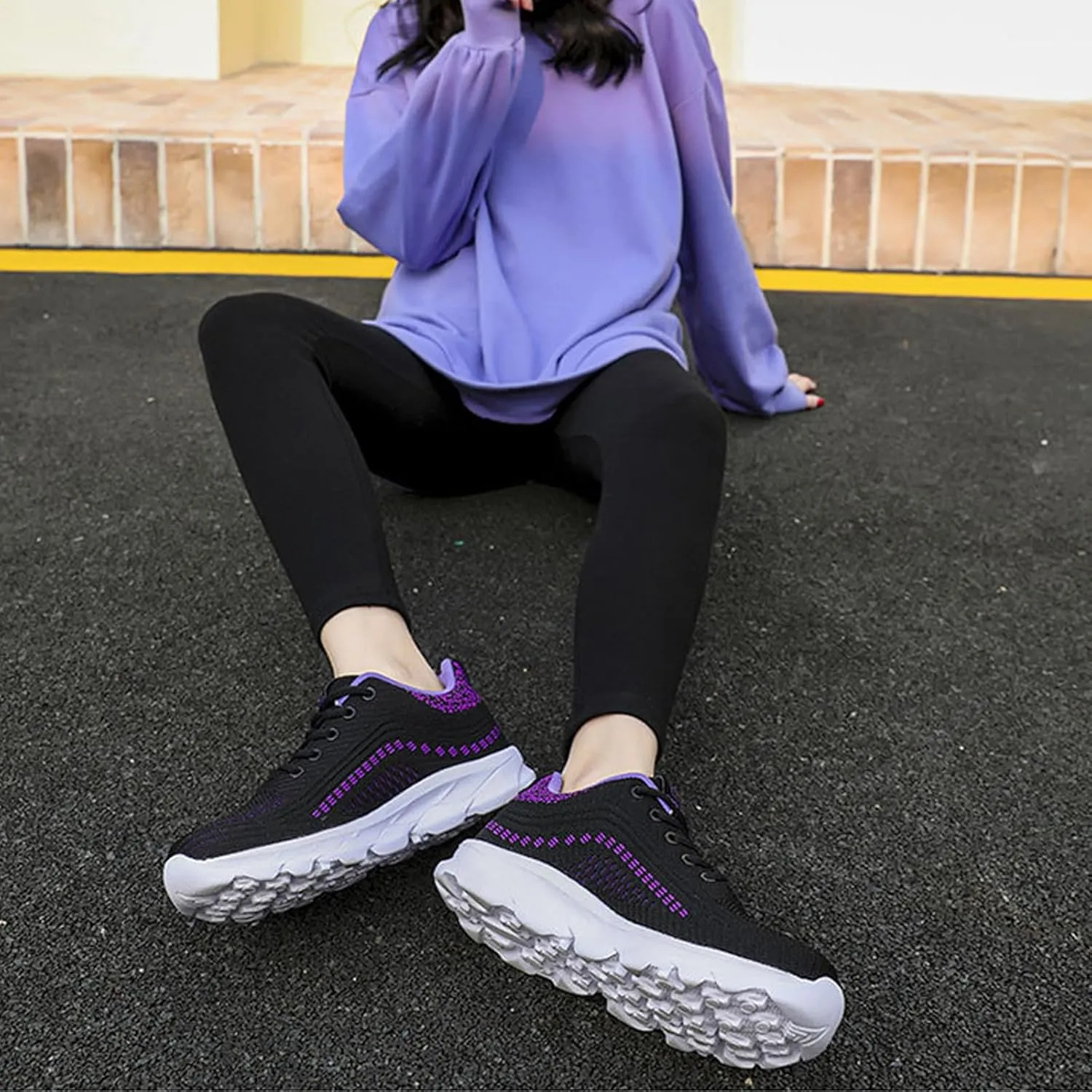 Women's Knitted Elastic Soft Sole Walking Fashion Sneakers Comfortable Round Toe Breathable Non-Slip Orthopedic Lace-Up Sports Training Tennis Shoes