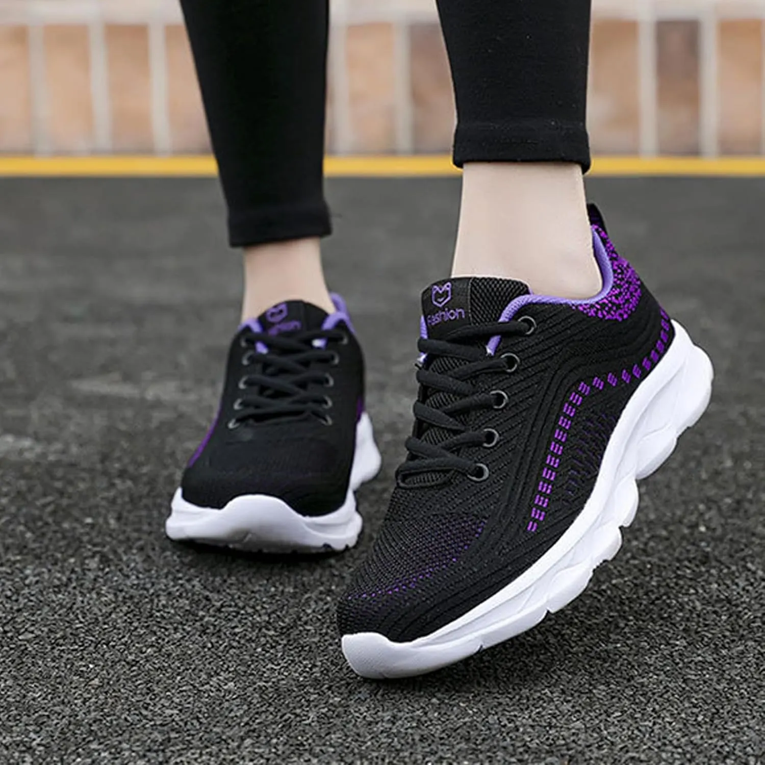 Women's Knitted Elastic Soft Sole Walking Fashion Sneakers Comfortable Round Toe Breathable Non-Slip Orthopedic Lace-Up Sports Training Tennis Shoes