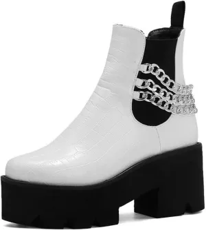 Women’s Patent Leather Lug Sole Platform Chunky Heel Chelsea Boots Fashion Elastic Strap Fall Winter Slip On Motorcycle Ankle Booties Comfortable Riding Biker Boots