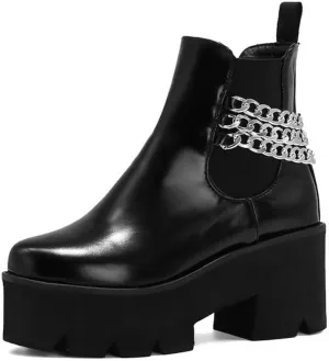 Women’s Patent Leather Lug Sole Platform Chunky Heel Chelsea Boots Fashion Elastic Strap Fall Winter Slip On Motorcycle Ankle Booties Comfortable Riding Biker Boots