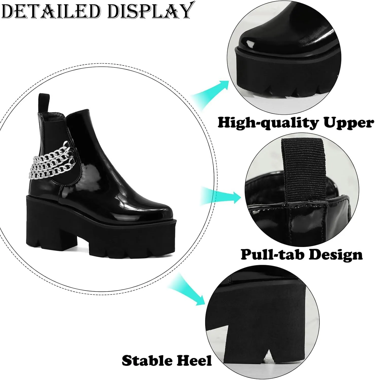 Women’s Patent Leather Lug Sole Platform Chunky Heel Chelsea Boots Fashion Elastic Strap Fall Winter Slip On Motorcycle Ankle Booties Comfortable Riding Biker Boots