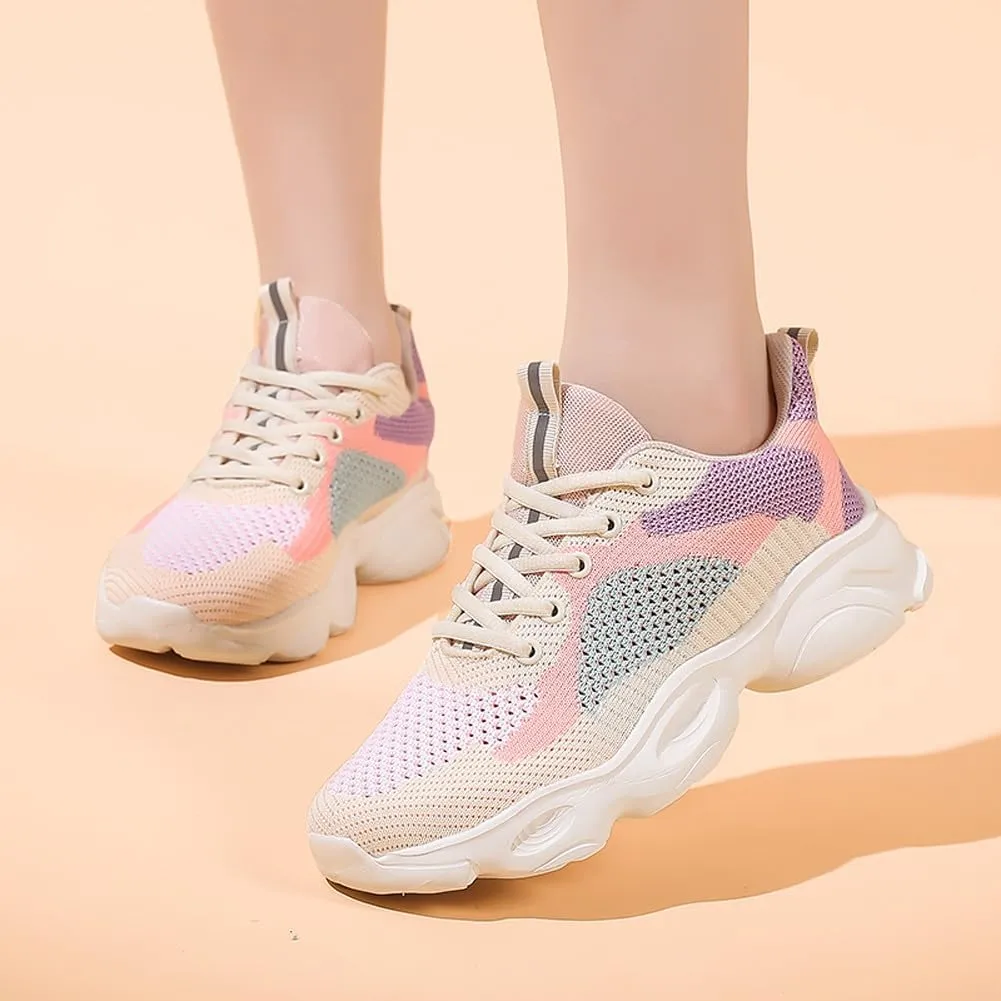 Women's Platform Breathable Soft Mesh Lace Up Sneakers Lightweight Road Running Walking Sock Shoes