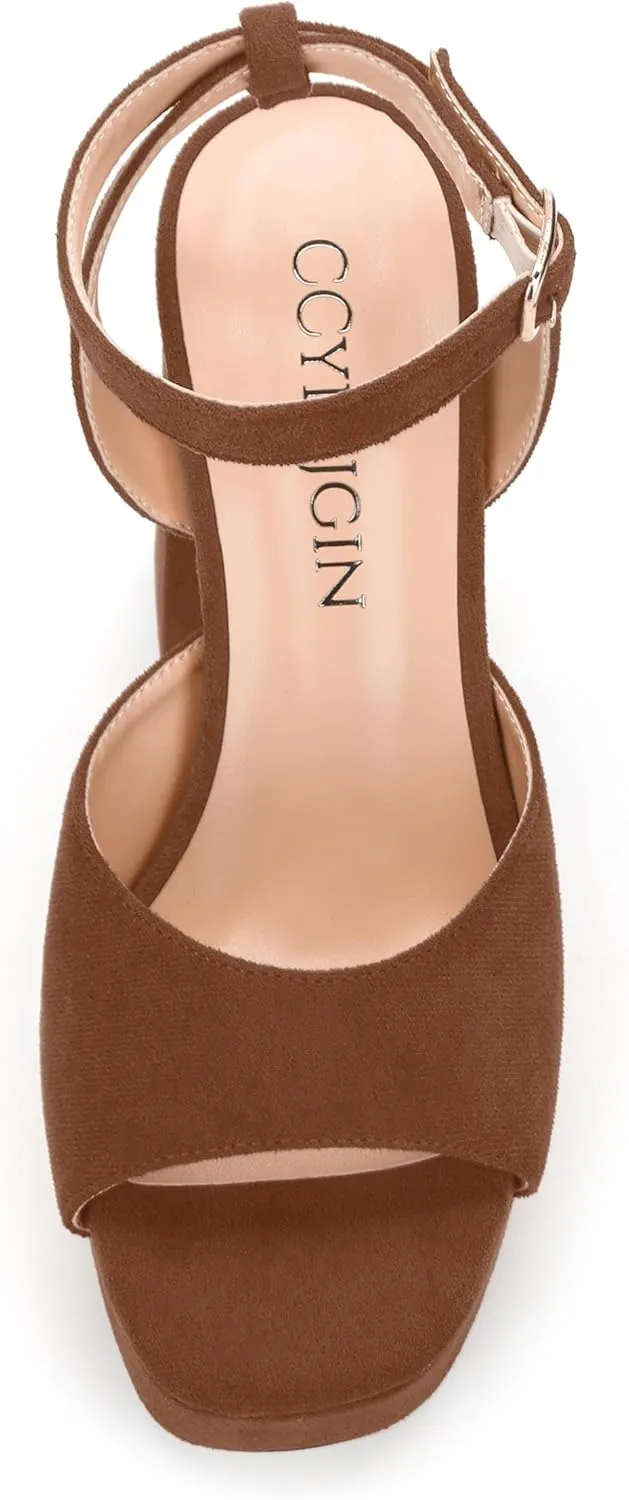 Women's Platform Heels Sandals, Ankle Strap Block Chunky Heel Suede Peep Toe Sandals, Fashion Dress Wedding High Heeled Wedges Pumps