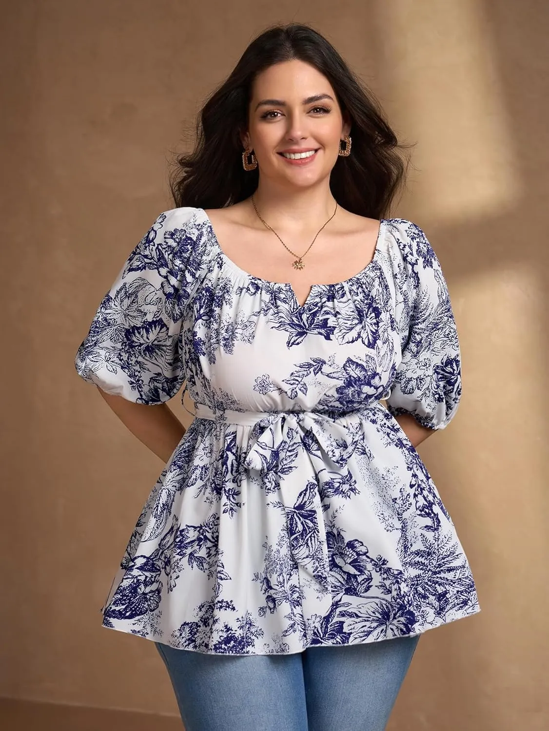 Women's Plus Size Square Neck Peplum Blouses Dressy Tops 3/4 Puff Sleeve Empire Waist Tie Ruffle Hem Babydoll Top