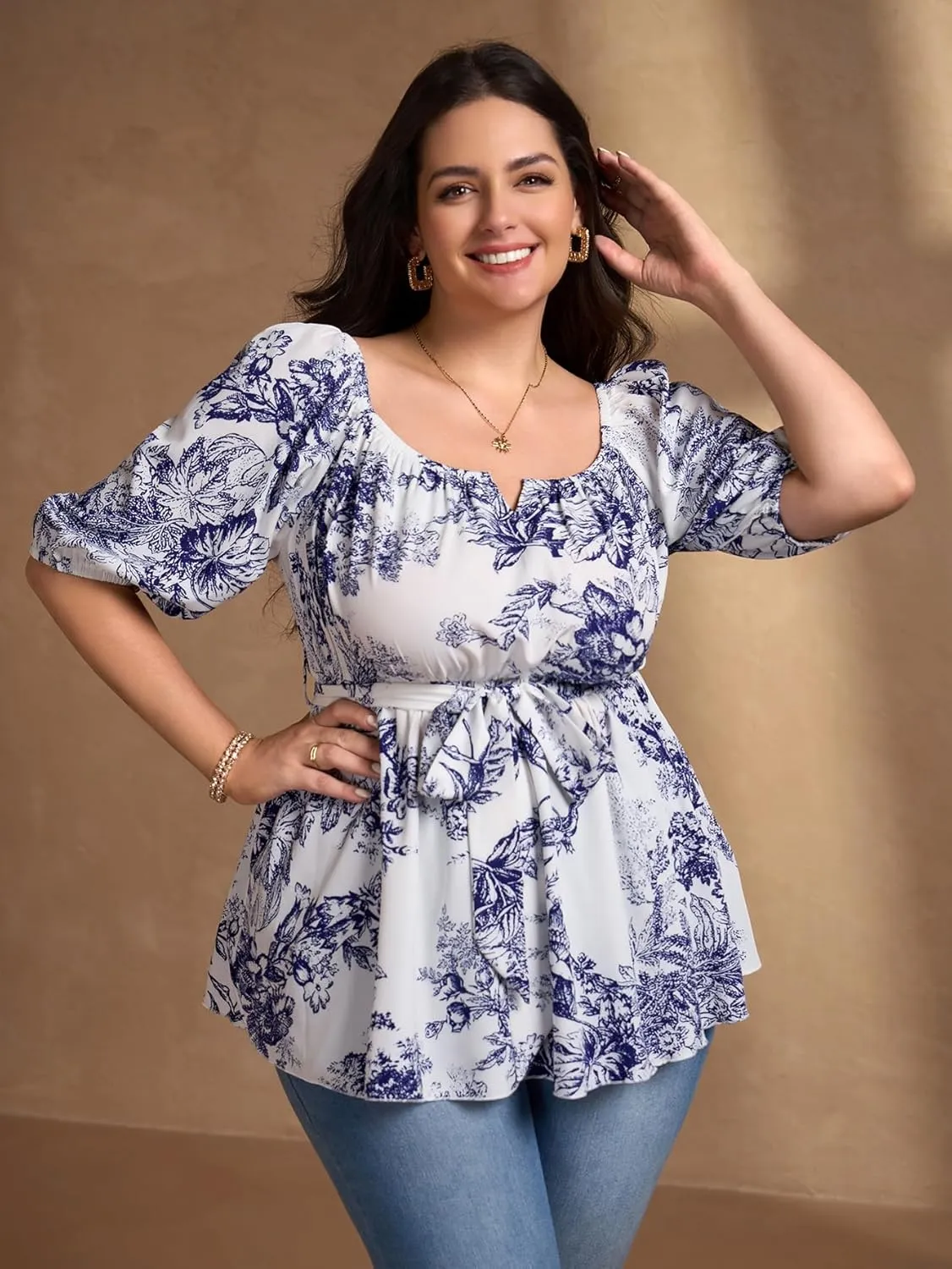 Women's Plus Size Square Neck Peplum Blouses Dressy Tops 3/4 Puff Sleeve Empire Waist Tie Ruffle Hem Babydoll Top