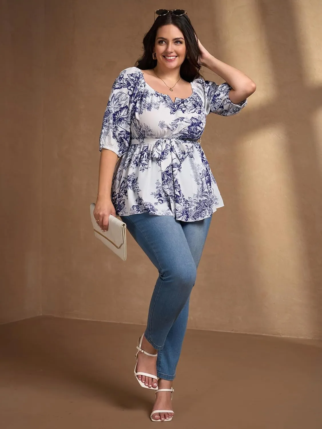 Women's Plus Size Square Neck Peplum Blouses Dressy Tops 3/4 Puff Sleeve Empire Waist Tie Ruffle Hem Babydoll Top