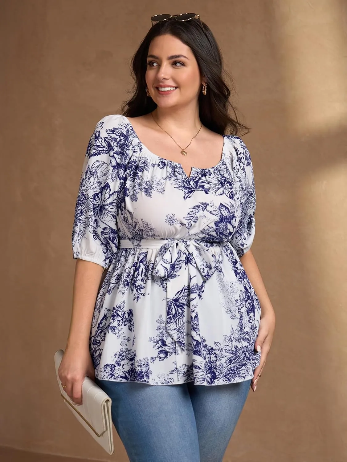Women's Plus Size Square Neck Peplum Blouses Dressy Tops 3/4 Puff Sleeve Empire Waist Tie Ruffle Hem Babydoll Top