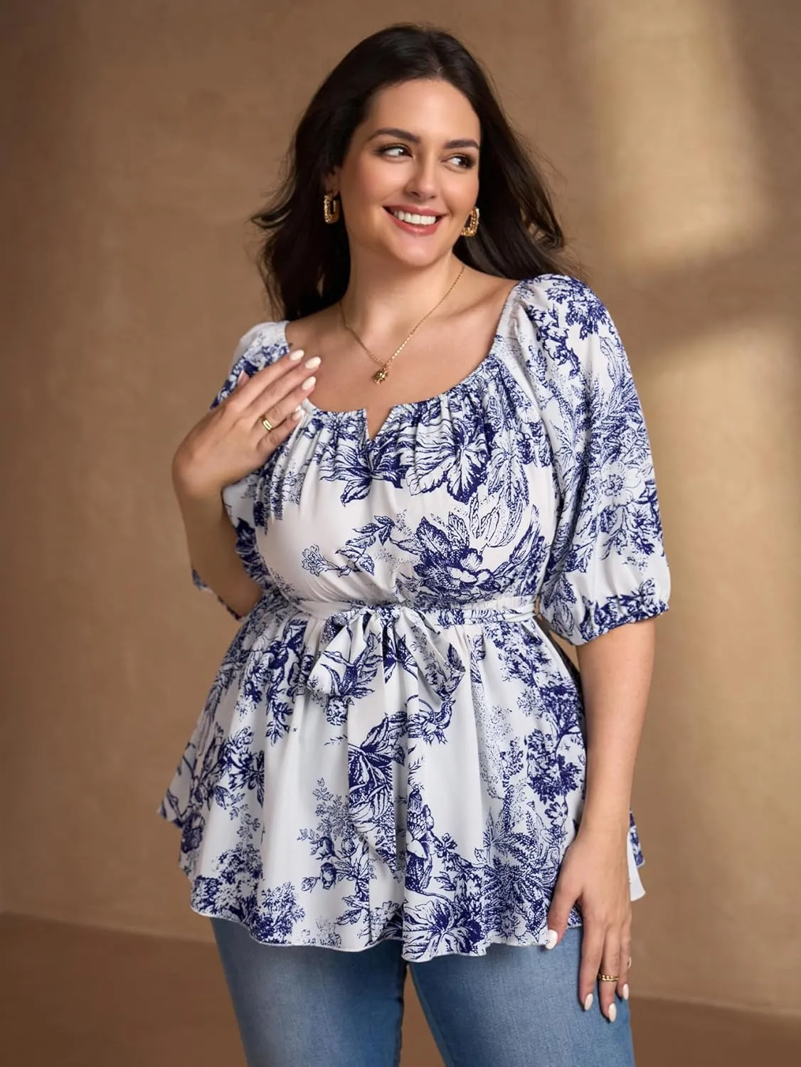 Women's Plus Size Square Neck Peplum Blouses Dressy Tops 3/4 Puff Sleeve Empire Waist Tie Ruffle Hem Babydoll Top