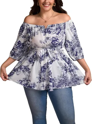 Women's Plus Size Square Neck Peplum Blouses Dressy Tops 3/4 Puff Sleeve Empire Waist Tie Ruffle Hem Babydoll Top