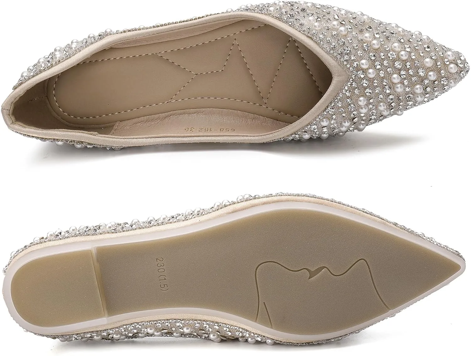 Women's Rhinestone Flats Fashion Pointed Toe Pearl Diamond Low Heel Dress Wedding Flats Work Business Dance Ballet Flats