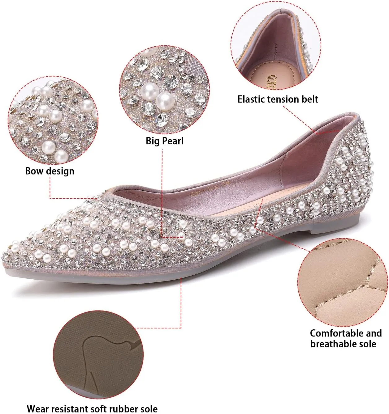 Women's Rhinestone Flats Fashion Pointed Toe Pearl Diamond Low Heel Dress Wedding Flats Work Business Dance Ballet Flats