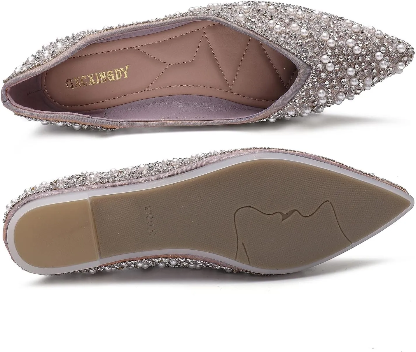 Women's Rhinestone Flats Fashion Pointed Toe Pearl Diamond Low Heel Dress Wedding Flats Work Business Dance Ballet Flats