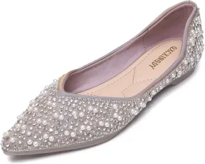 Women's Rhinestone Flats Fashion Pointed Toe Pearl Diamond Low Heel Dress Wedding Flats Work Business Dance Ballet Flats