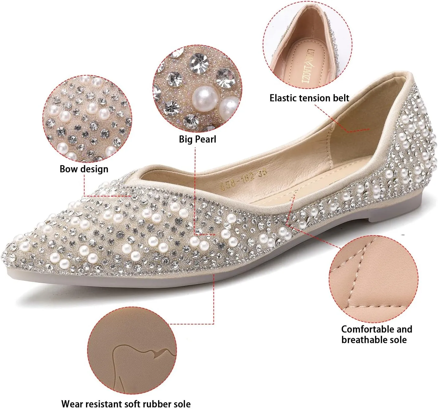 Women's Rhinestone Flats Fashion Pointed Toe Pearl Diamond Low Heel Dress Wedding Flats Work Business Dance Ballet Flats