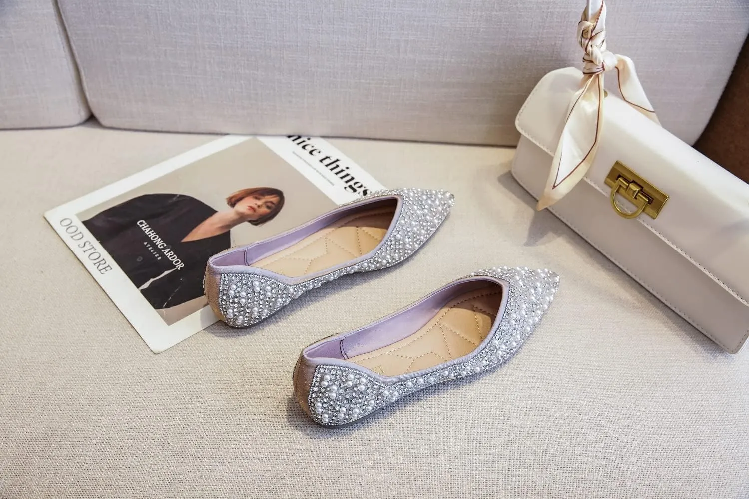 Women's Rhinestone Flats Fashion Pointed Toe Pearl Diamond Low Heel Dress Wedding Flats Work Business Dance Ballet Flats