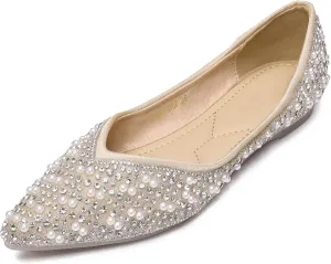 Women's Rhinestone Flats Fashion Pointed Toe Pearl Diamond Low Heel Dress Wedding Flats Work Business Dance Ballet Flats
