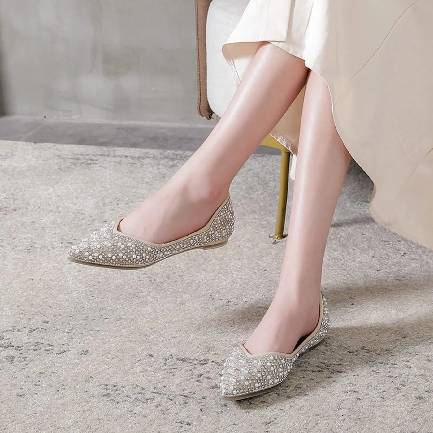Women's Rhinestone Flats Fashion Pointed Toe Pearl Diamond Low Heel Dress Wedding Flats Work Business Dance Ballet Flats