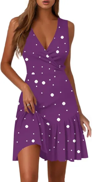 Women's Sleeveless V-Neck Wrap Dress with Ruffle Hem Elegant Cocktail Party Dress in Sizes S-XL