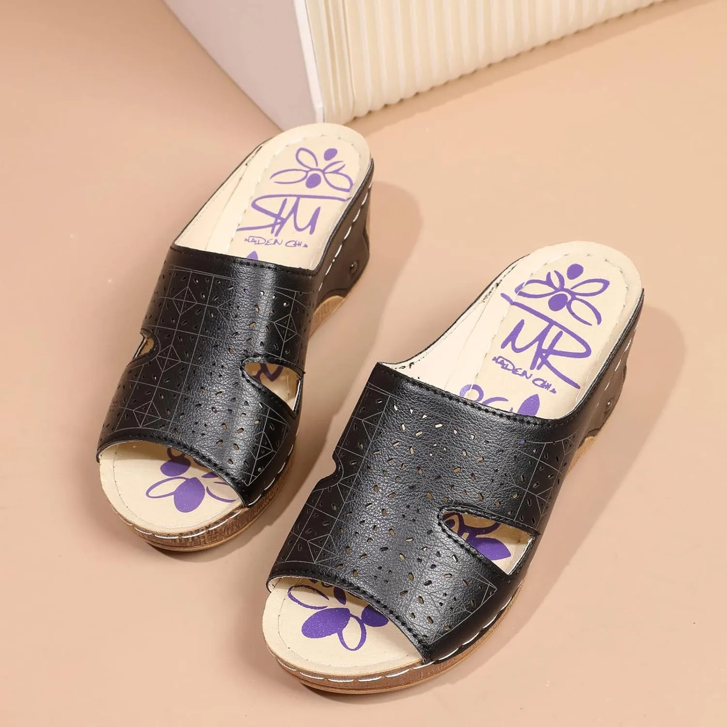 Womens Slip on Wedge Sandals Fashion Fish Mouth Open Toe Quilted Hollow Studded Platform Slipper Summer Comfortable Casual Print Ladies Shoes