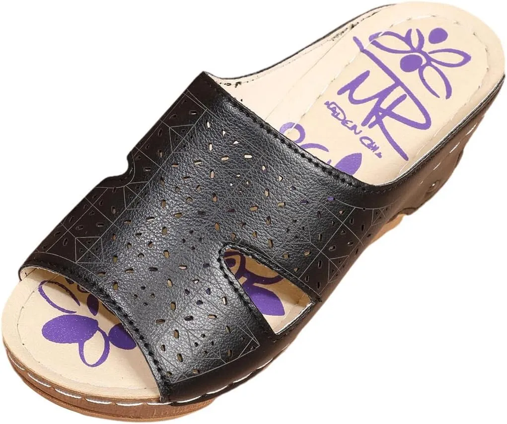 Womens Slip on Wedge Sandals Fashion Fish Mouth Open Toe Quilted Hollow Studded Platform Slipper Summer Comfortable Casual Print Ladies Shoes