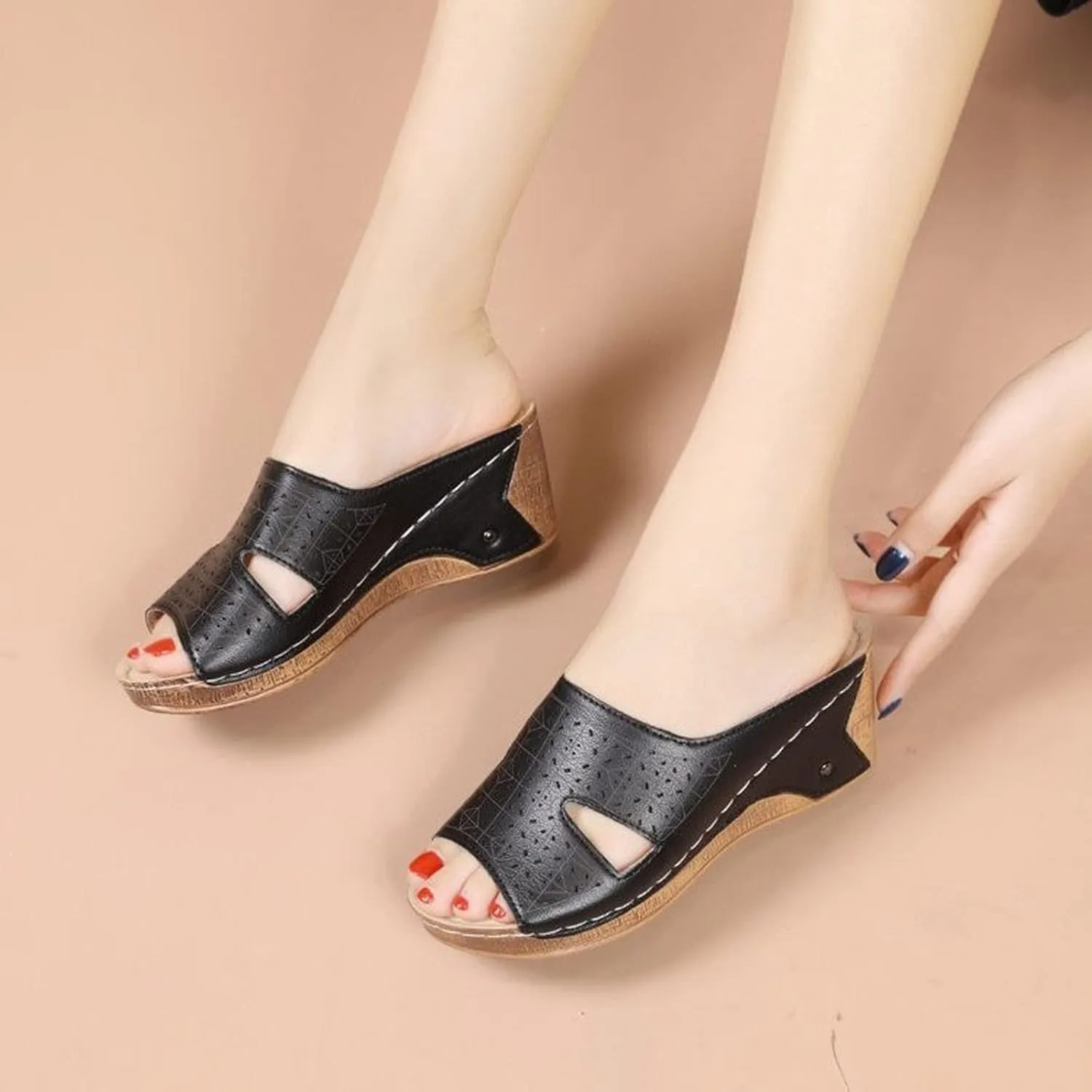 Womens Slip on Wedge Sandals Fashion Fish Mouth Open Toe Quilted Hollow Studded Platform Slipper Summer Comfortable Casual Print Ladies Shoes
