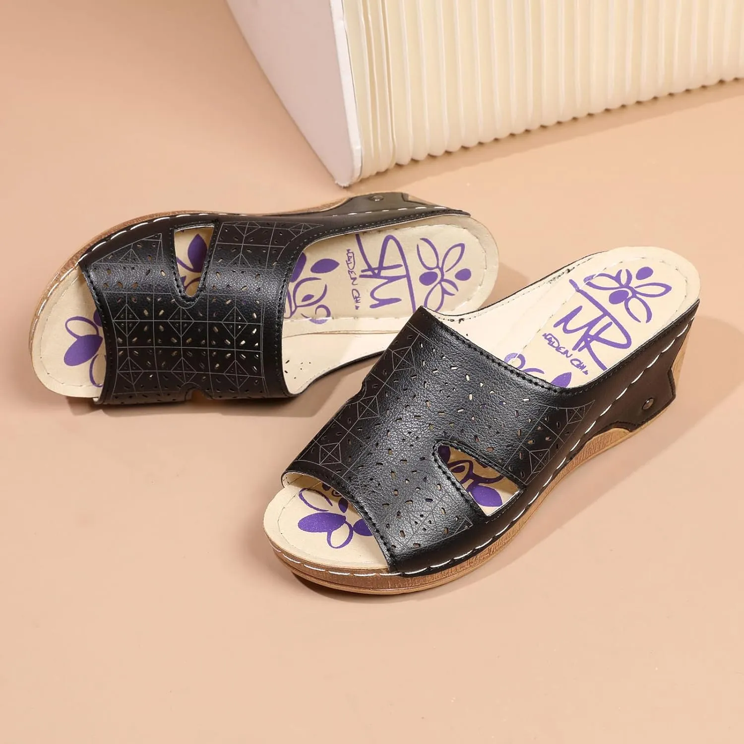 Womens Slip on Wedge Sandals Fashion Fish Mouth Open Toe Quilted Hollow Studded Platform Slipper Summer Comfortable Casual Print Ladies Shoes