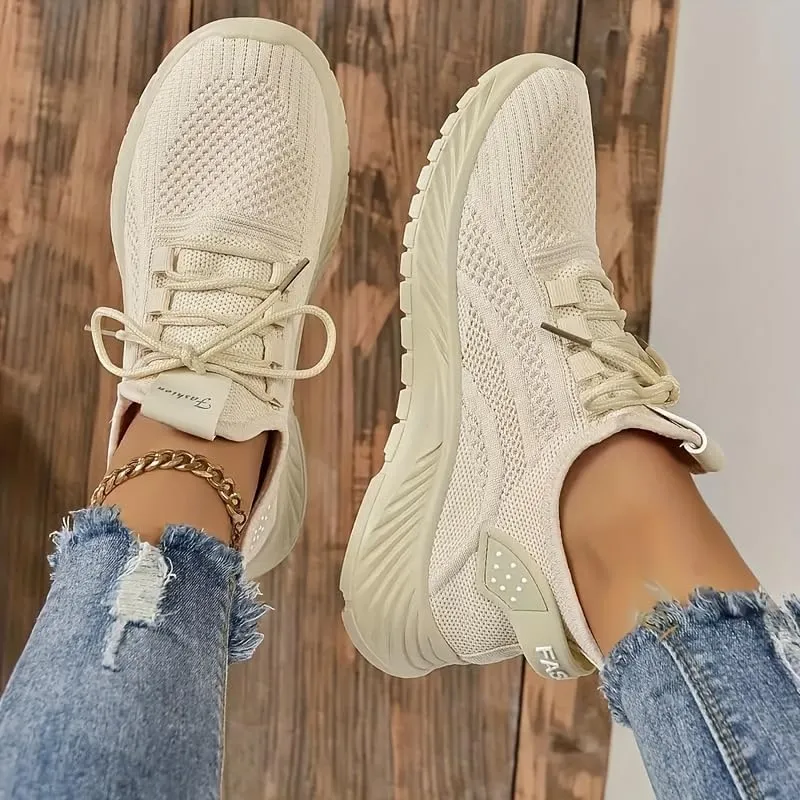 Women's Solid Color Lightweight Comfort Knit Sneakers - Breathable Low-Top Running & Tennis Shoes, Casual Lace-Up Outdoor Footwear