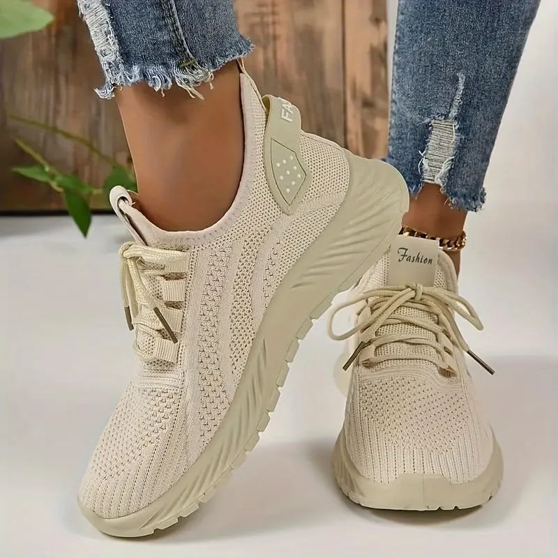 Women's Solid Color Lightweight Comfort Knit Sneakers - Breathable Low-Top Running & Tennis Shoes, Casual Lace-Up Outdoor Footwear