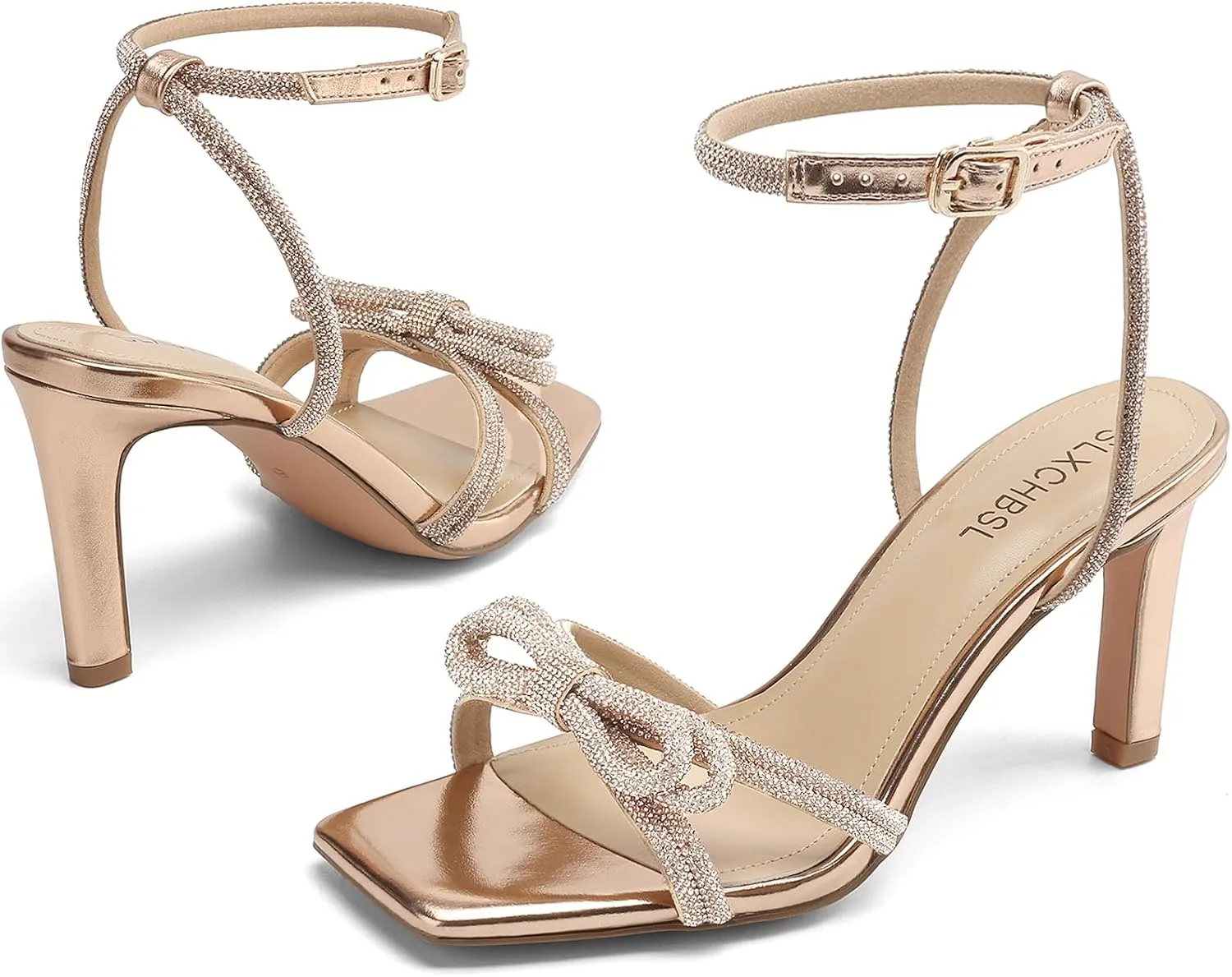 Women's Square Toe Rhinestone Sandals Adjustable Ankle Strappy and Double Bowknots High Heels 3 Inches Bridal Wedding Party prom Slingback Heels sparkly Comfort Shoes for Women