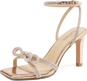 Women's Square Toe Rhinestone Sandals Adjustable Ankle Strappy and Double Bowknots High Heels 3 Inches Bridal Wedding Party prom Slingback Heels sparkly Comfort Shoes for Women