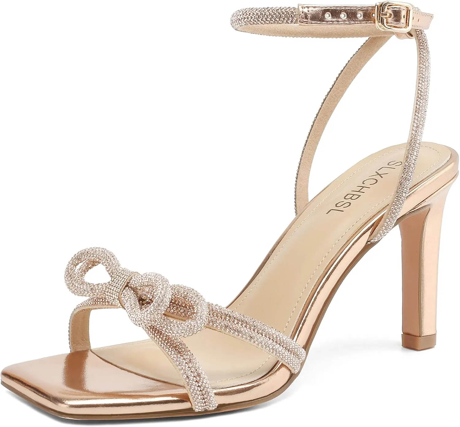 Women's Square Toe Rhinestone Sandals Adjustable Ankle Strappy and Double Bowknots High Heels 3 Inches Bridal Wedding Party prom Slingback Heels sparkly Comfort Shoes for Women