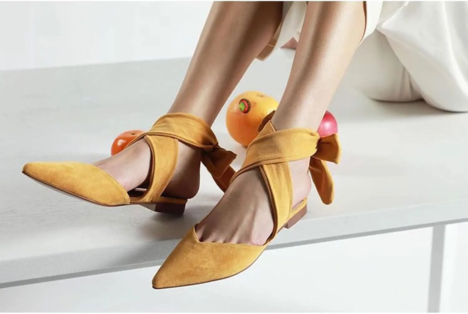 Women’s Suede Closed Pointed Toe Flats Elegant Wrap Around Ankle Strap Lace Up Ballet Shoes Low Heel Slingback Dress Wedding Party Sandals