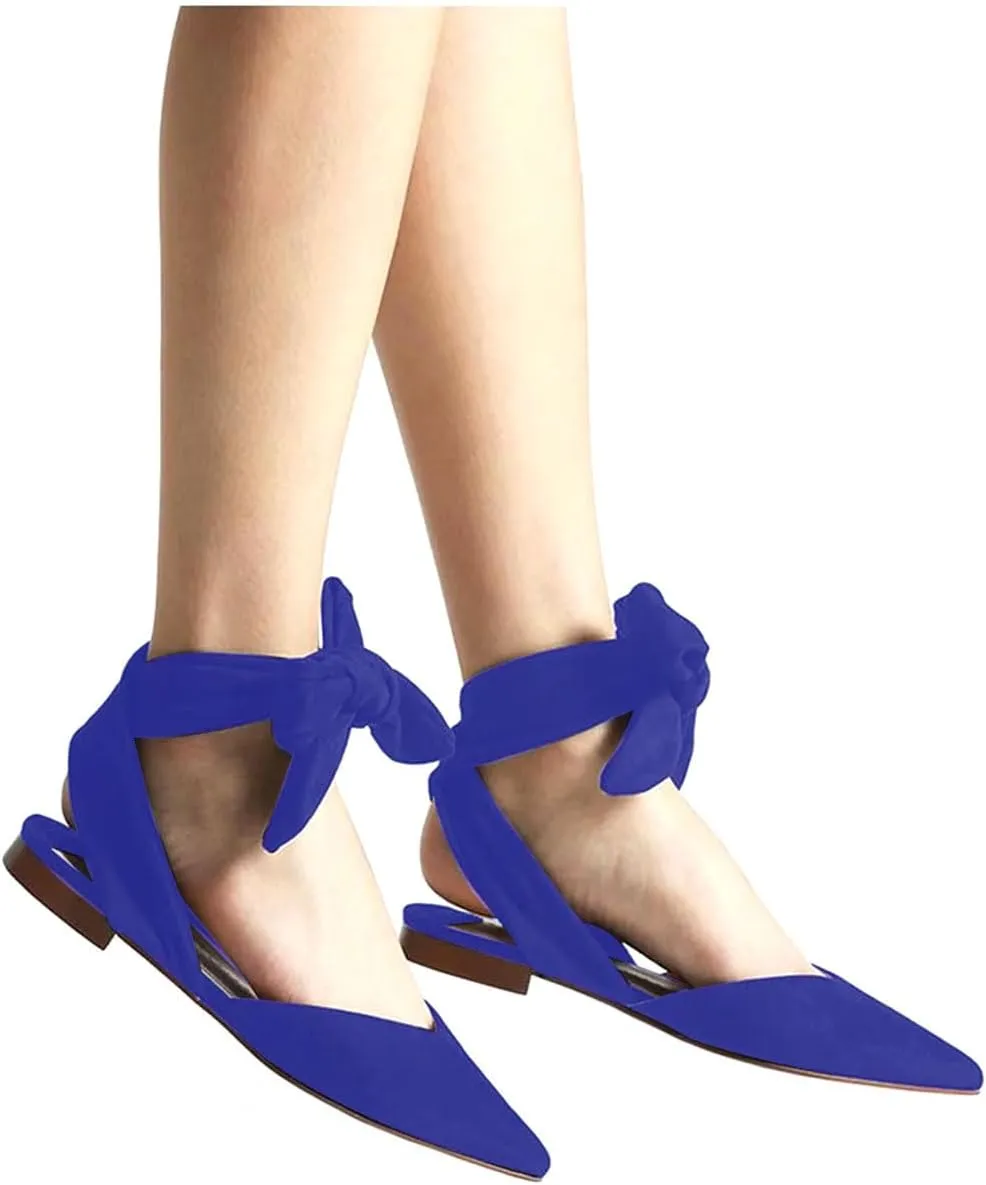 Women’s Suede Closed Pointed Toe Flats Elegant Wrap Around Ankle Strap Lace Up Ballet Shoes Low Heel Slingback Dress Wedding Party Sandals