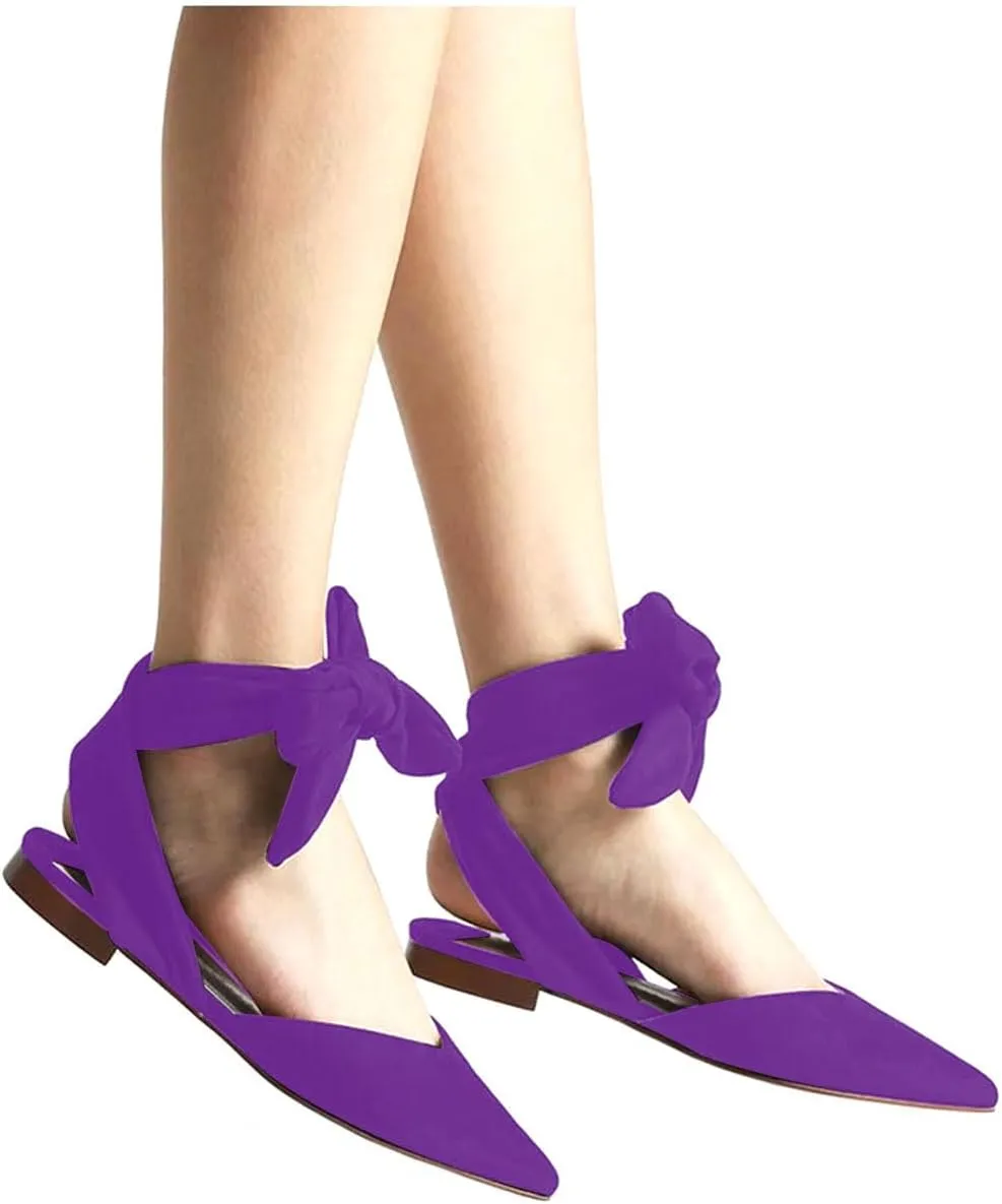 Women’s Suede Closed Pointed Toe Flats Elegant Wrap Around Ankle Strap Lace Up Ballet Shoes Low Heel Slingback Dress Wedding Party Sandals