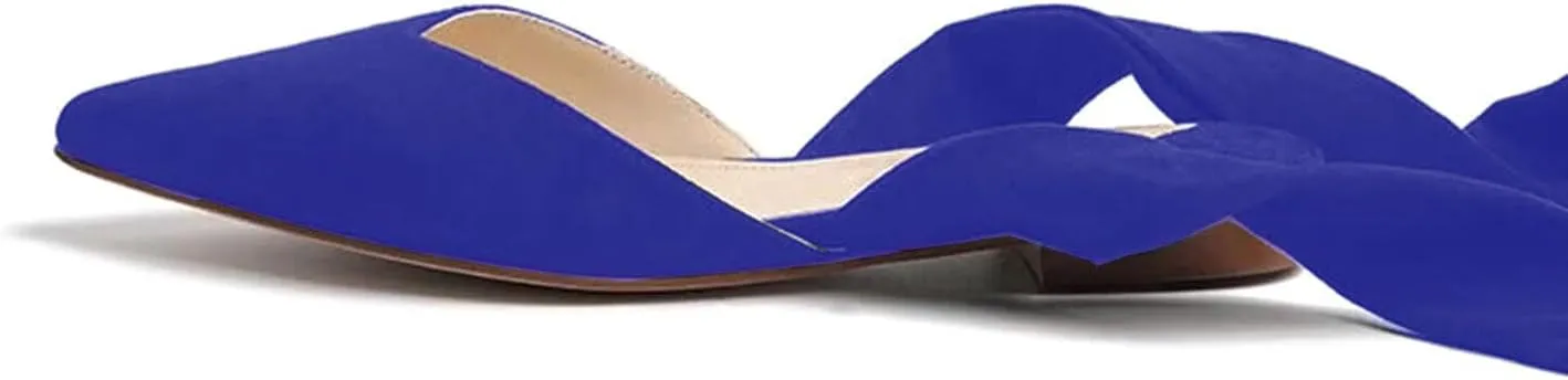 Women’s Suede Closed Pointed Toe Flats Elegant Wrap Around Ankle Strap Lace Up Ballet Shoes Low Heel Slingback Dress Wedding Party Sandals