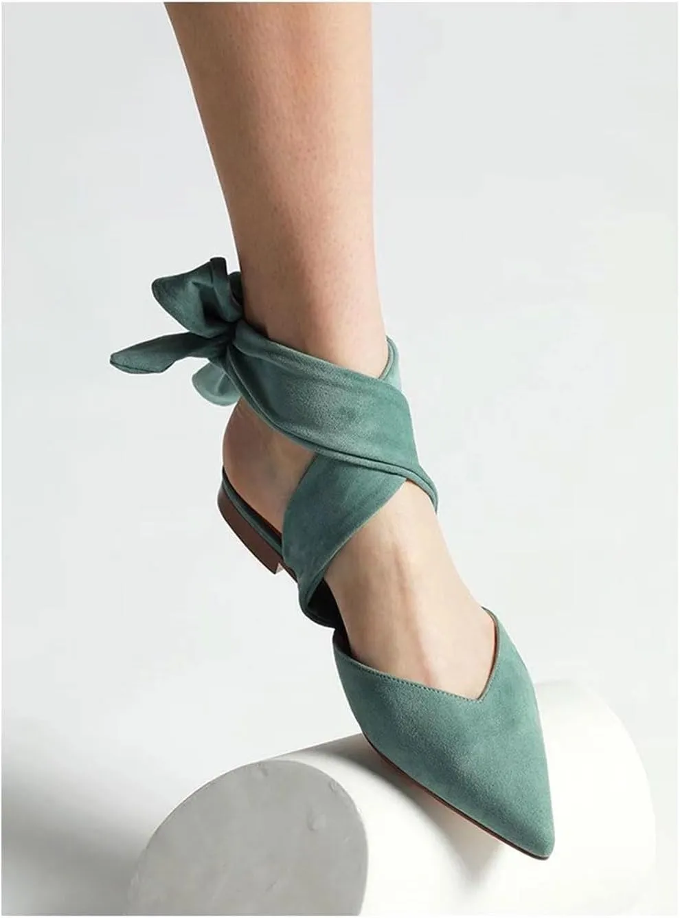 Women’s Suede Closed Pointed Toe Flats Elegant Wrap Around Ankle Strap Lace Up Ballet Shoes Low Heel Slingback Dress Wedding Party Sandals