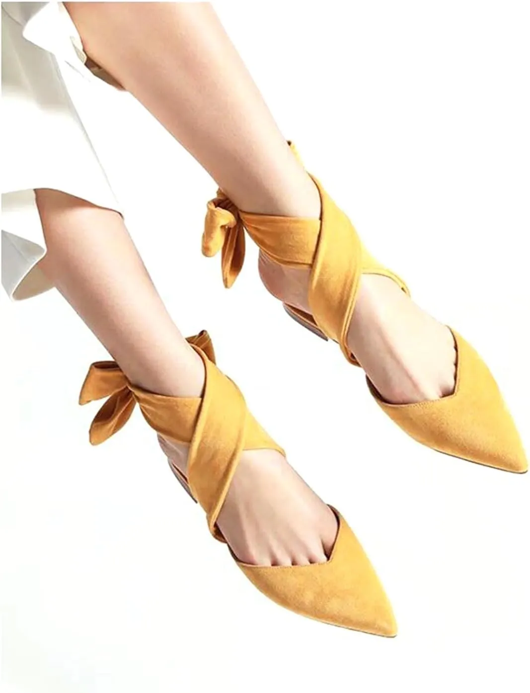 Women’s Suede Closed Pointed Toe Flats Elegant Wrap Around Ankle Strap Lace Up Ballet Shoes Low Heel Slingback Dress Wedding Party Sandals