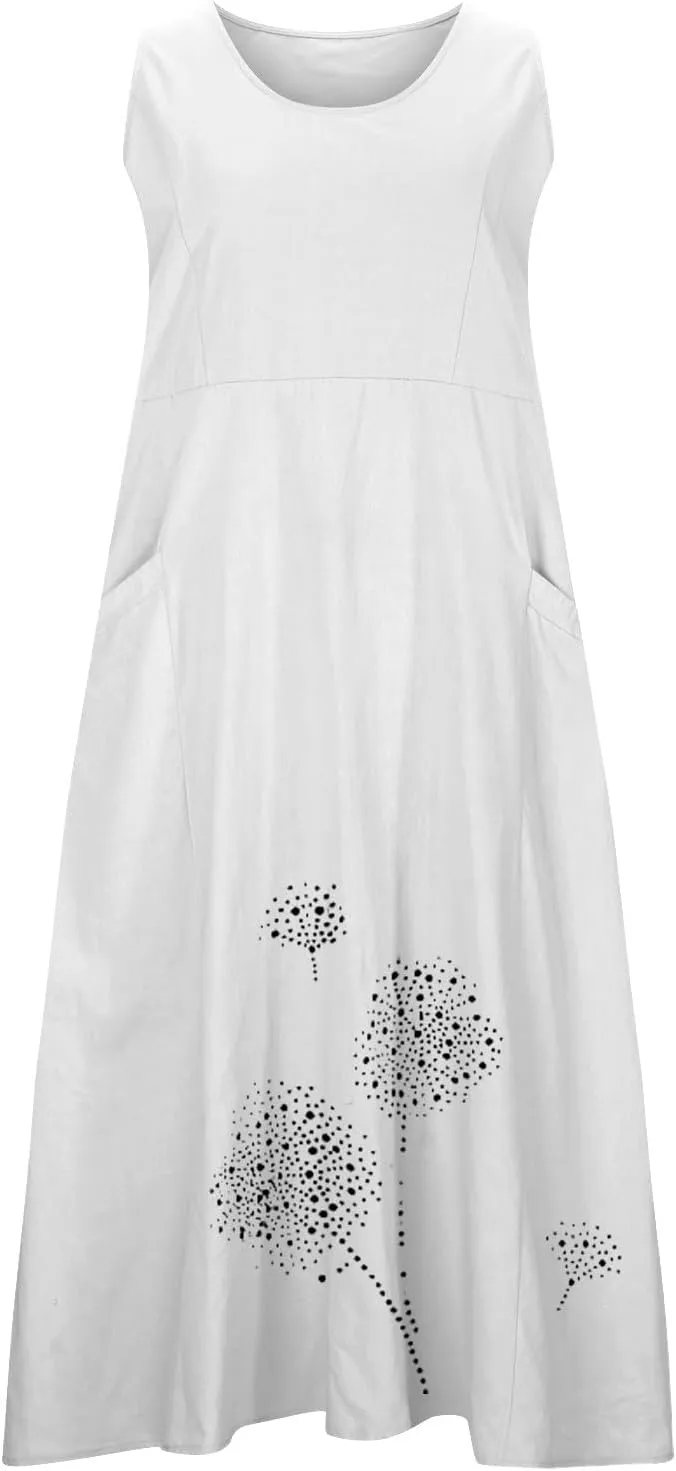 Womens Summer Cotton Linen Long Dress Loose Fit Sleeveless Flowy Dresses 2025 Plus Size Casual Dress with Pockets