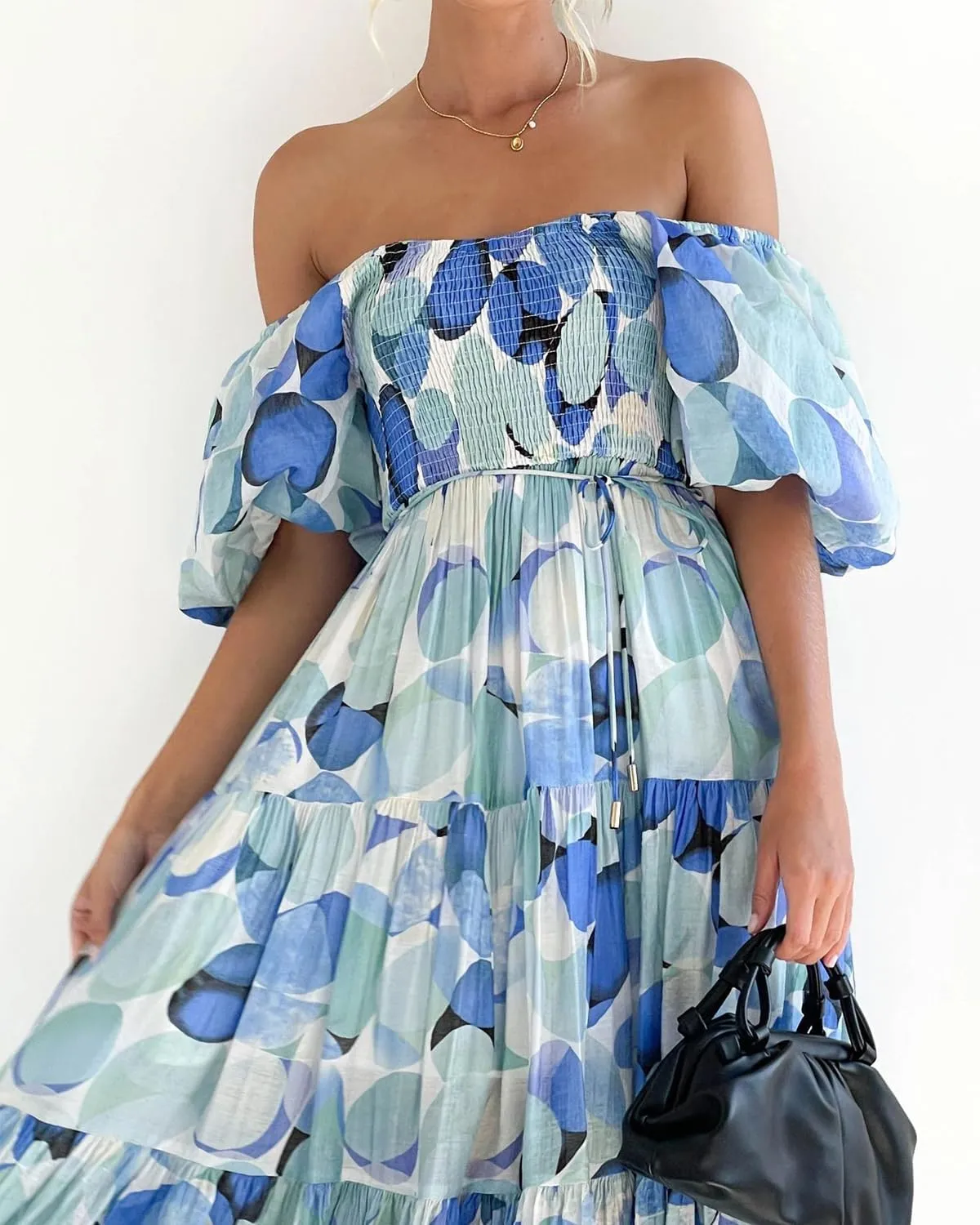 Women's Summer Floral Off Shoulder Dress Square Neck Puff Sleeve Midi Dress High Waist Flowy A Line Beach Party Dress