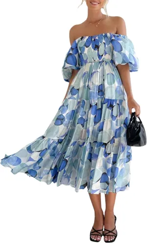 Women's Summer Floral Off Shoulder Dress Square Neck Puff Sleeve Midi Dress High Waist Flowy A Line Beach Party Dress